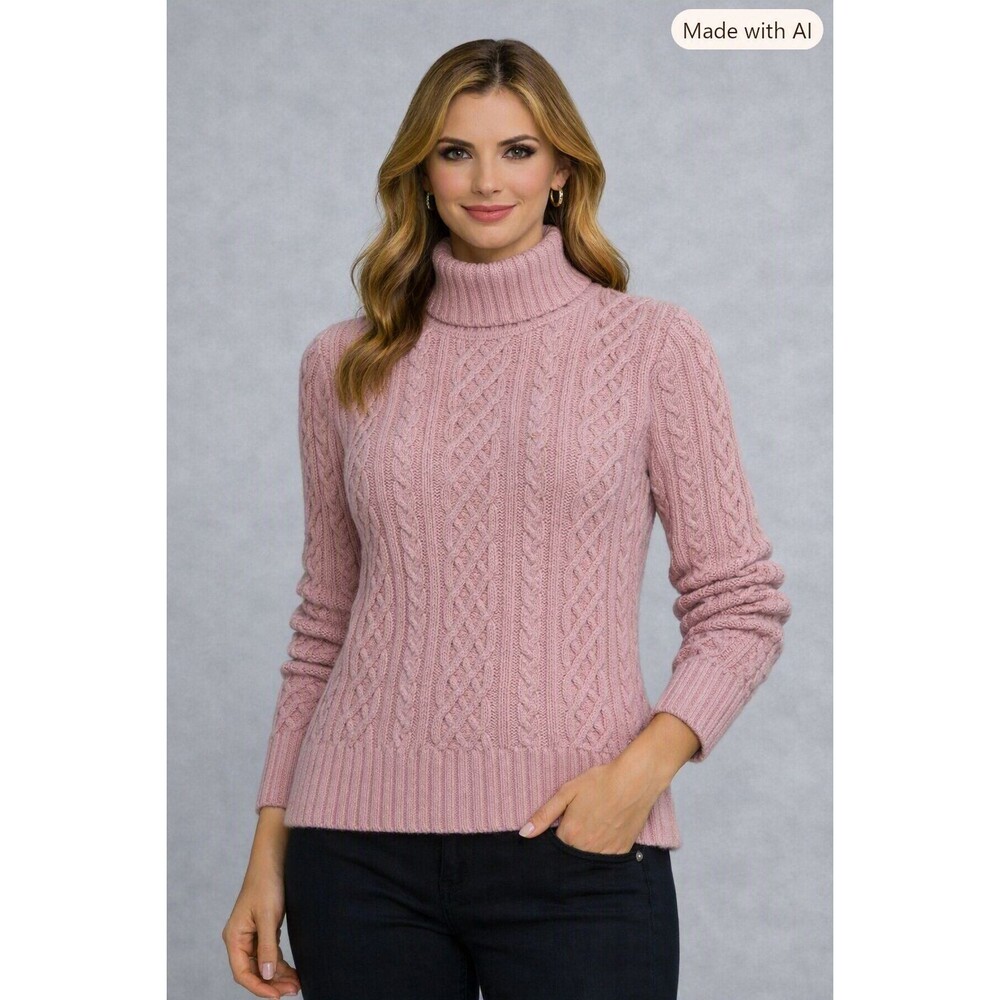 Vintage Wainscott Sweater Womens M Pink Cable Knit Beaded Sequin Turtleneck
